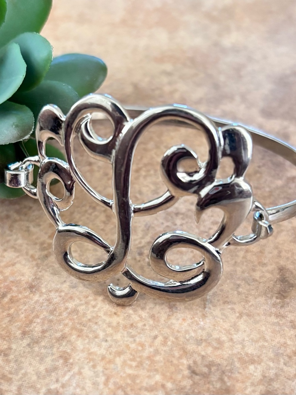 Silver Tone Monogram L Open Cuff Bracelet